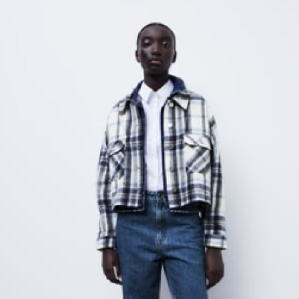 Zara Blue and White Plaid Utility Jacket